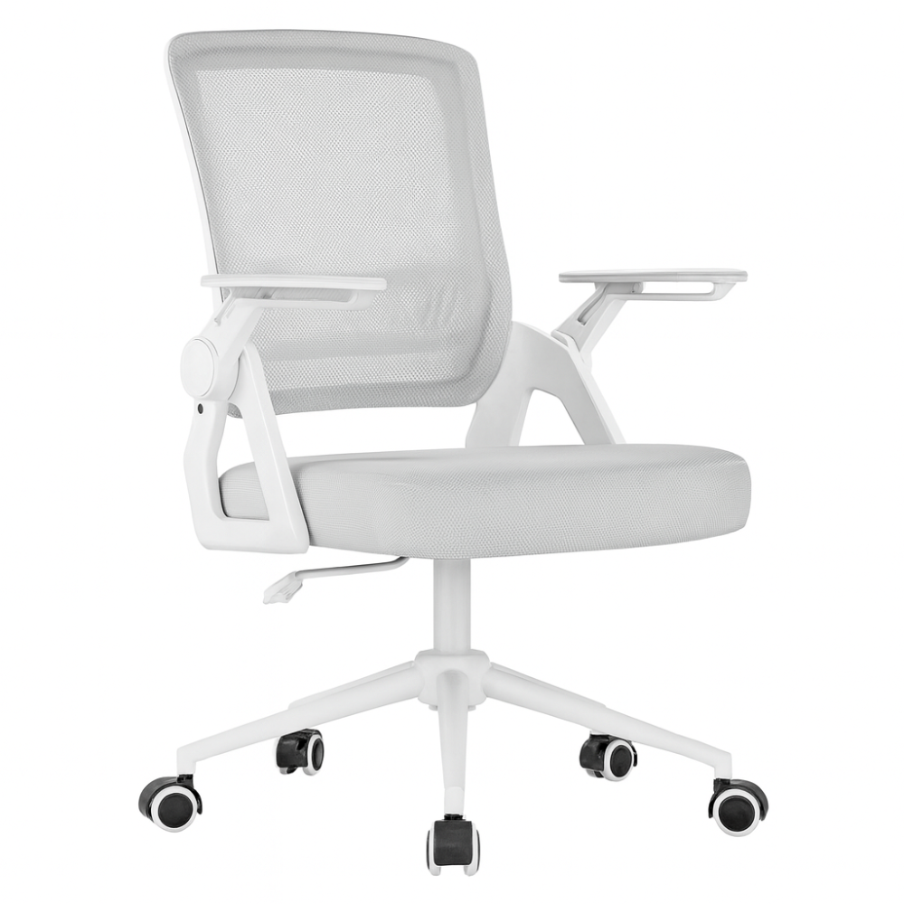 Chaise ergonomique blanche avec dossier en maille et accoudoirs rabattables