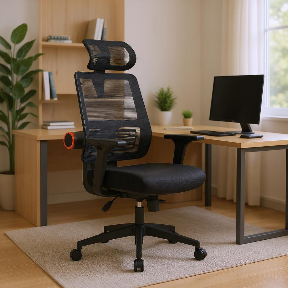 Chaise de bureau ergonomique noire avec accoudoirs fixes dans un espace lumineux