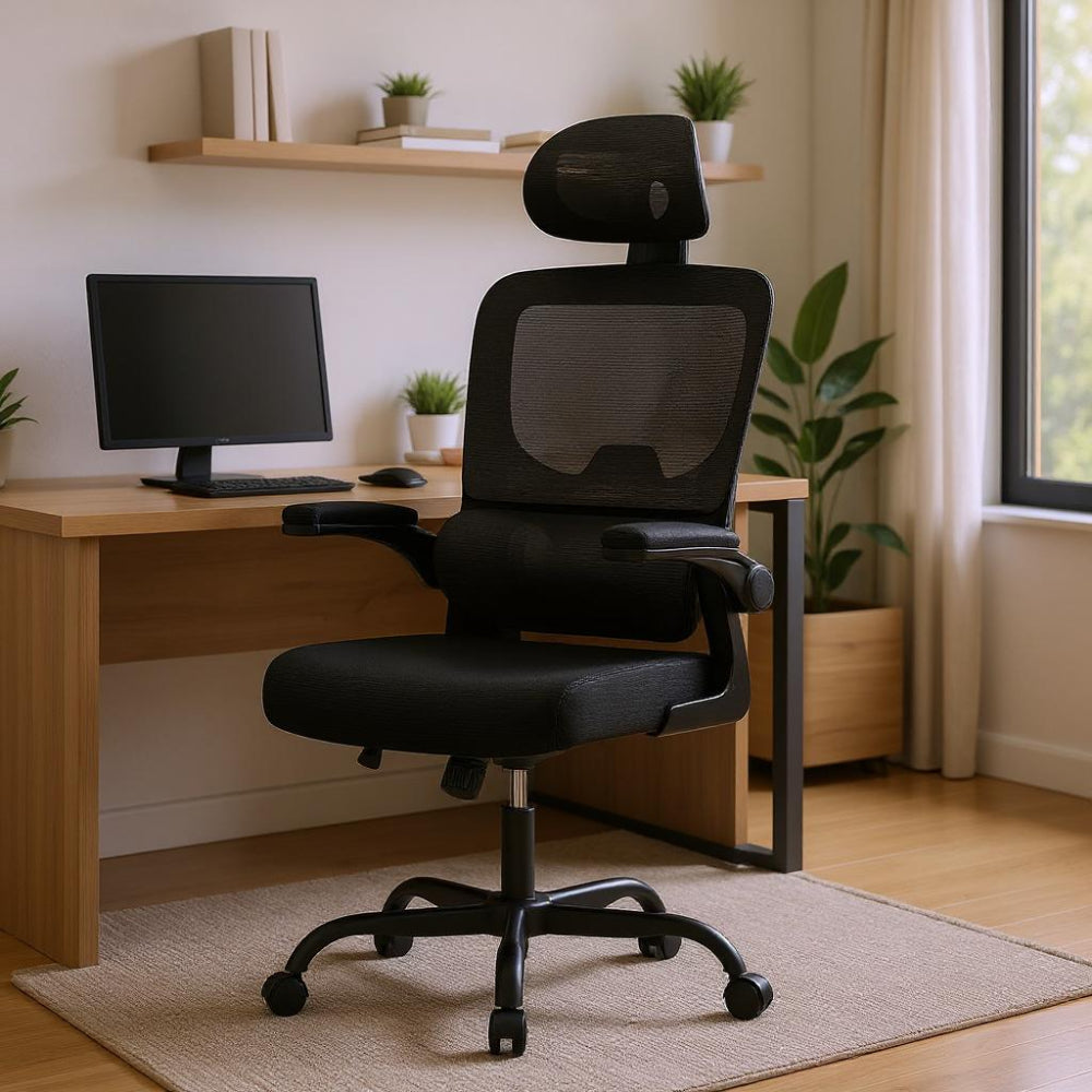 Chaise de bureau ergonomique noire avec appuie-tête et accoudoirs ajustables