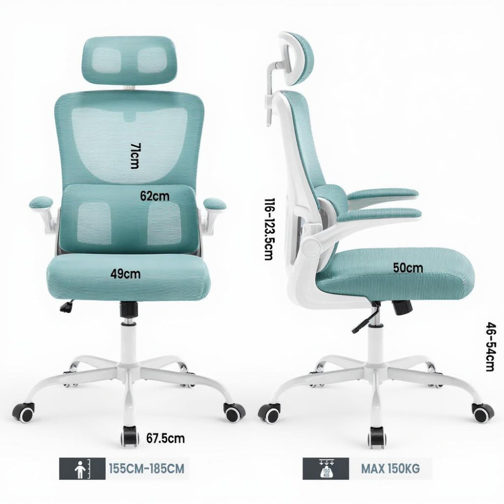 Chaise ergonomique turquoise avec dossier en maille et accoudoirs ajustables