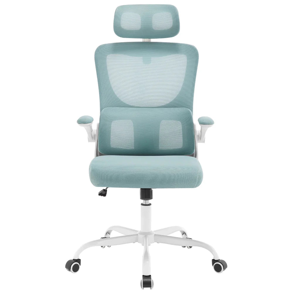 Chaise ergonomique turquoise vue latérale avec repose-tête et accoudoirs