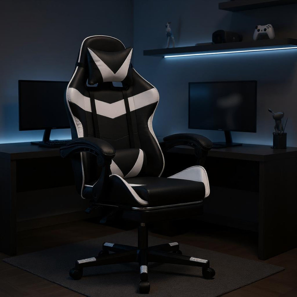Chaise gaming noire en cuir synthétique dans un bureau avec éclairage bleu