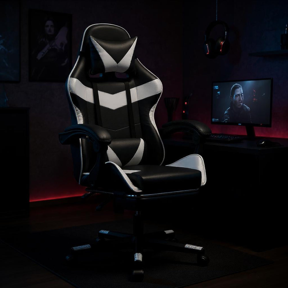 Chaise gaming noire avec dossier inclinable et coussin massant dans un bureau rouge