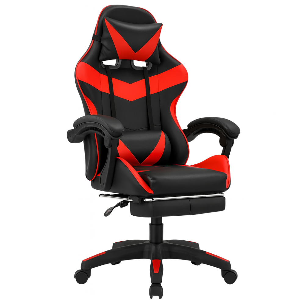 Chaise gaming rouge avec coussin lombaire massant et base métallique
