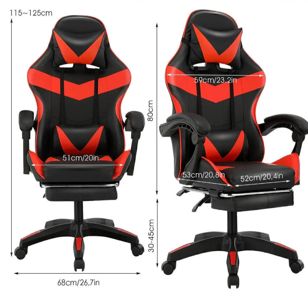 Schéma technique chaise gaming avec dimensions et réglages du dossier inclinable