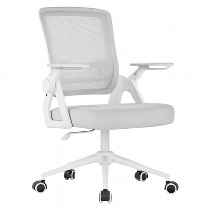 Chaise ergonomique blanche avec dossier en maille et accoudoirs rabattables