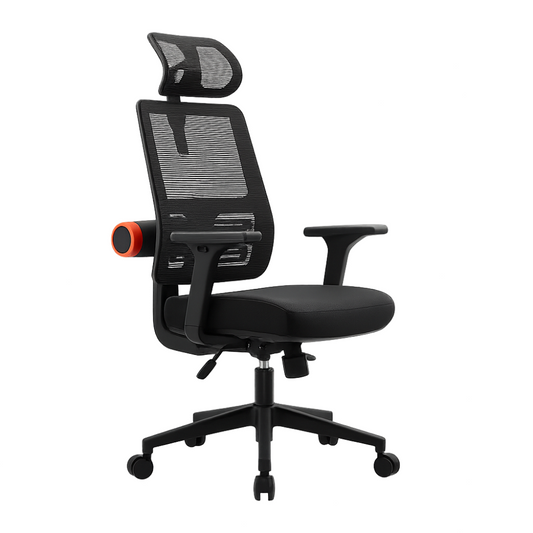 Chaise ergonomique noire en maille avec appui-tête et support lombaire réglable