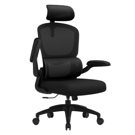 Chaise ergonomique noire avec appui-tête réglable et coussin lombaire intégré