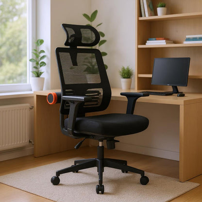 Chaise ergonomique noire avec dossier en maille et coussin lombaire réglable
