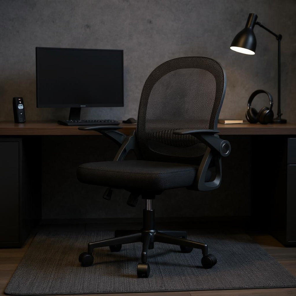 Chaise ergonomique noire avec accoudoirs rabattables dans un bureau sombre