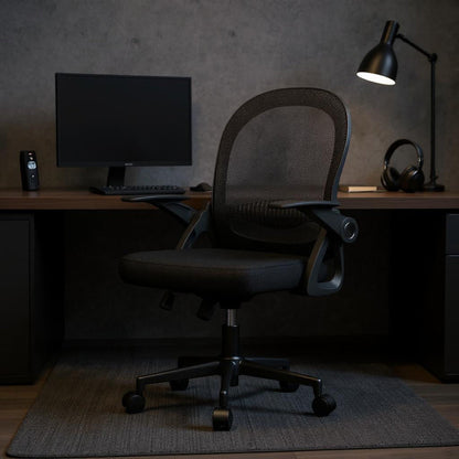 Chaise ergonomique noire avec accoudoirs rabattables dans un bureau sombre