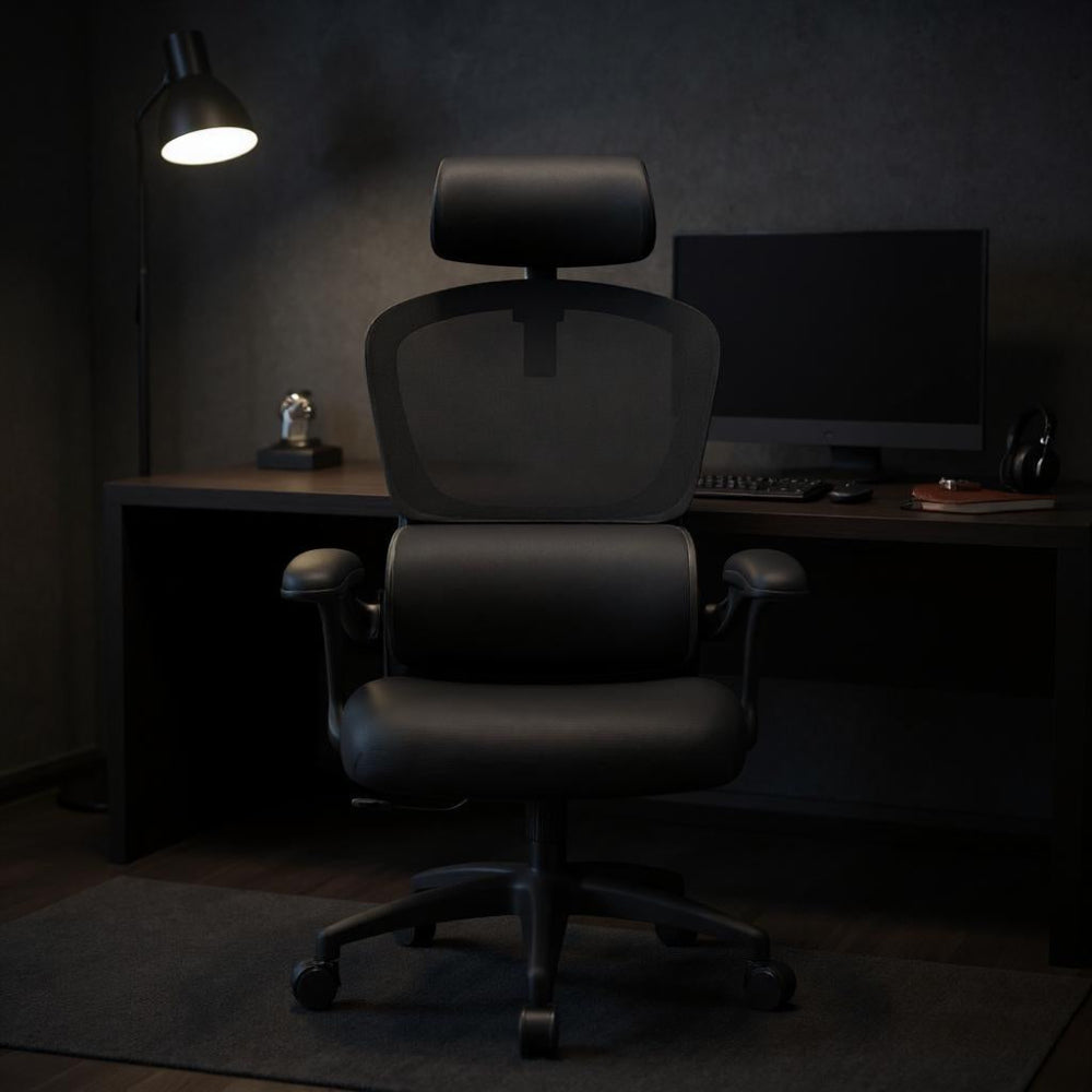 Chaise ergonomique noire avec accoudoirs rabattables dans un bureau sombre