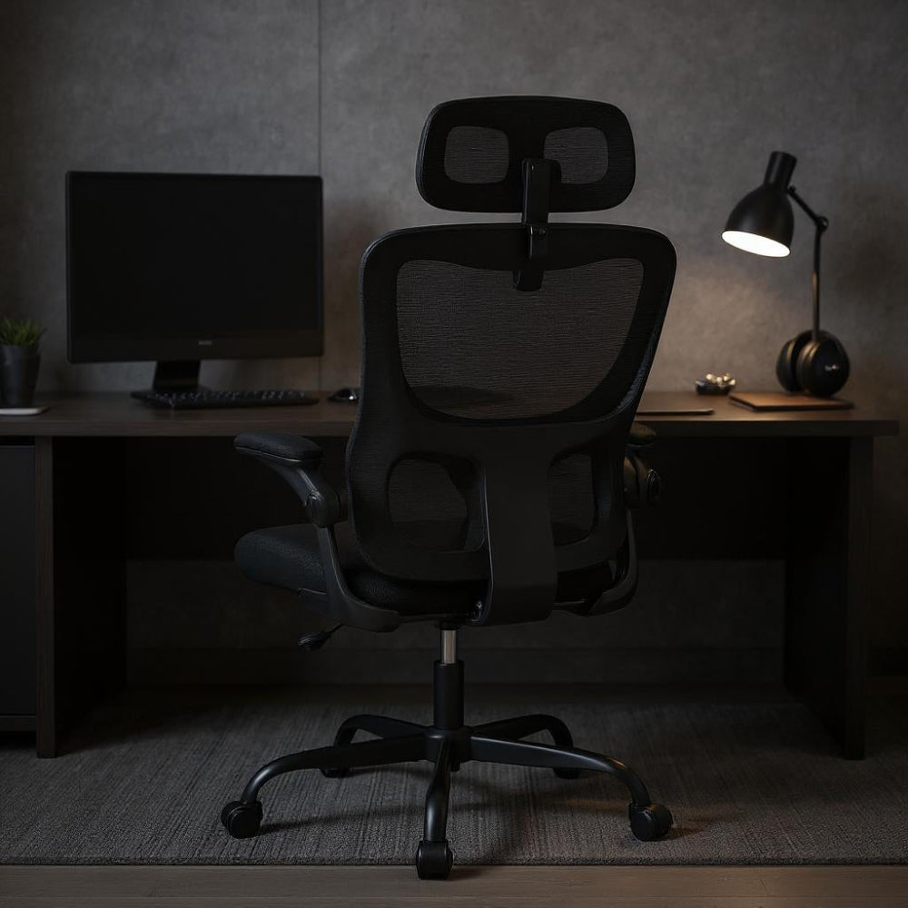 Chaise ergonomique noire avec appuie-tête et accoudoirs dans un bureau sombre
