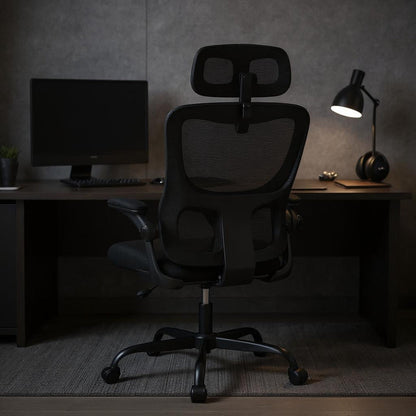 Chaise ergonomique noire avec appuie-tête et accoudoirs dans un bureau sombre