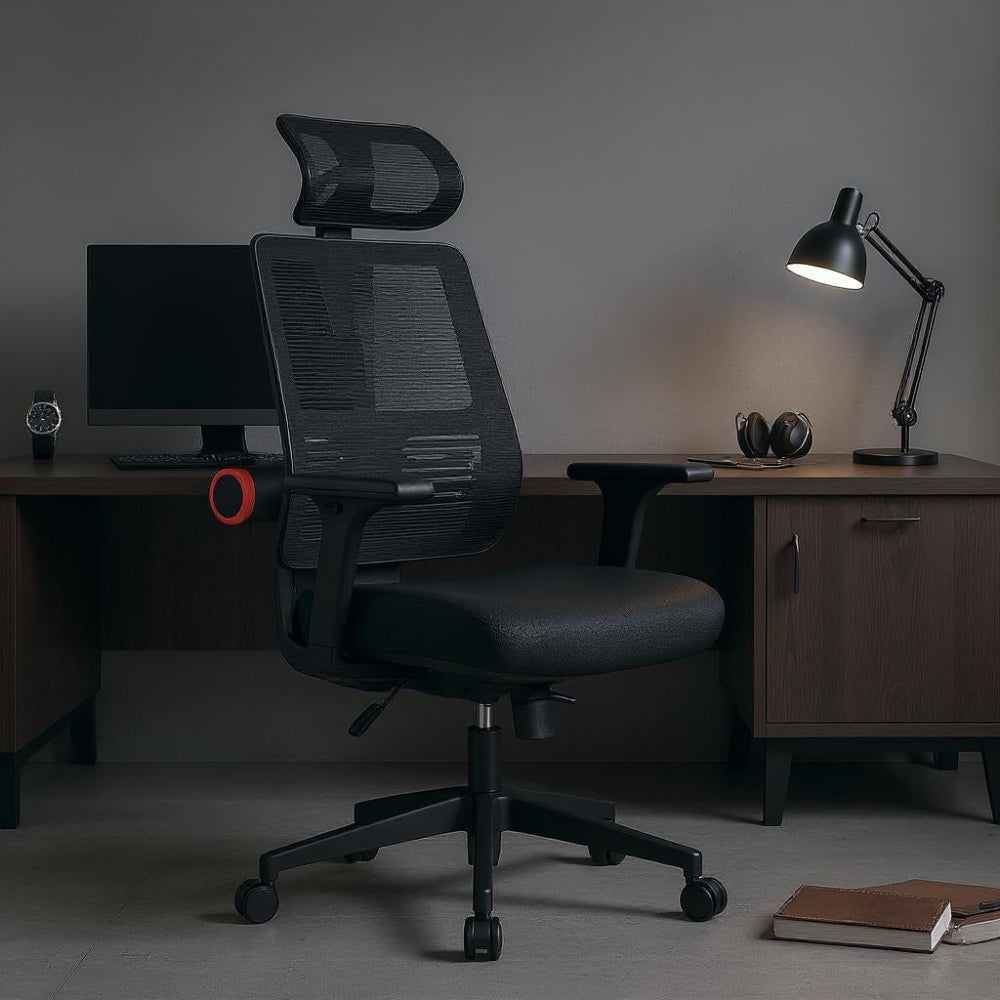 Chaise ergonomique noire avec appuie-tête réglable dans un bureau sombre