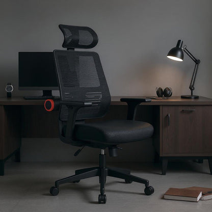 Chaise ergonomique noire avec appuie-tête réglable dans un bureau sombre