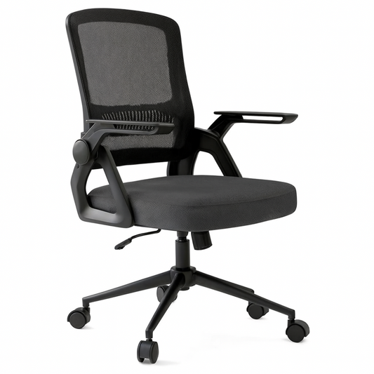 Chaise ergonomique noire avec dossier en maille et accoudoirs rabattables
