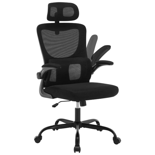 Chaise ergonomique noire avec dossier en maille et accoudoirs repliables