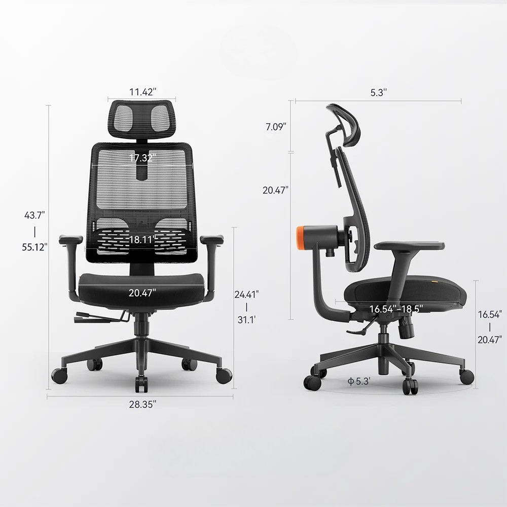Schéma technique chaise ergonomique avec réglages du dossier et support lombaire