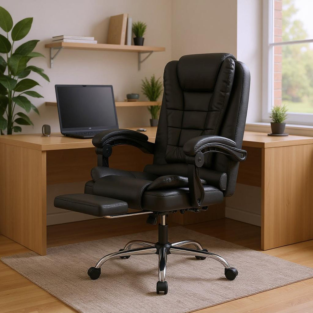 Chaise de bureau ergonomique en similicuir avec assise rembourrée et accoudoirs fixes