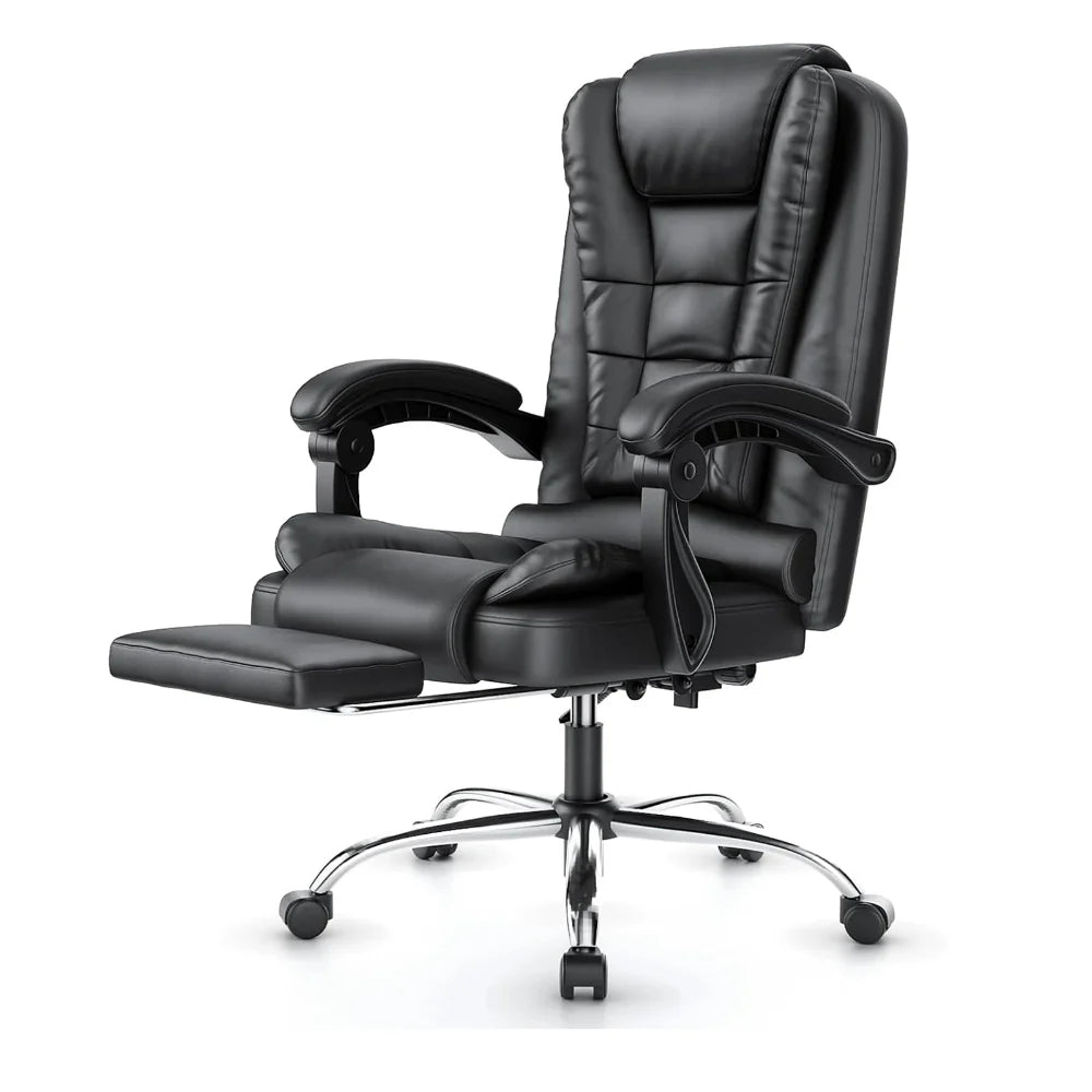 Chaise ergonomique en similicuir noir avec dossier inclinable et repose-pieds intégré