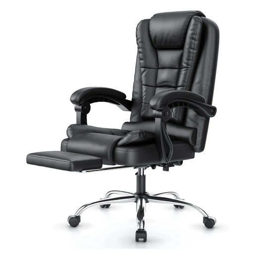 Chaise ergonomique en similicuir noir avec dossier inclinable et repose-pieds intégré