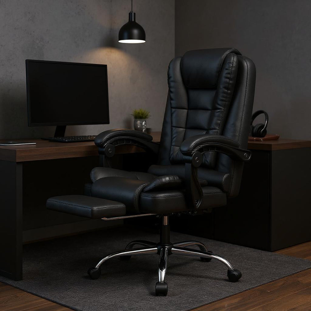 Chaise ergonomique en similicuir avec repose-pieds rétractable et base métallique