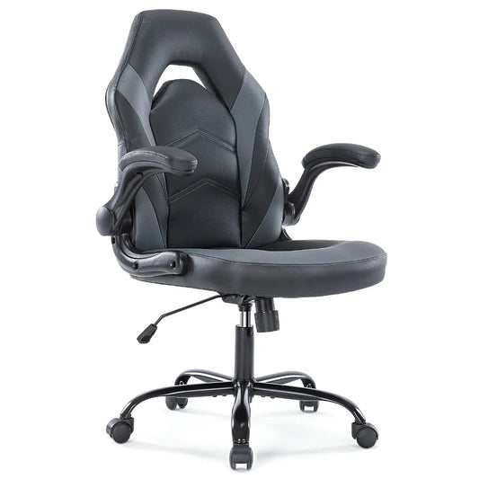 Chaise gaming noire en cuir PU avec dossier haut et accoudoirs rabattables