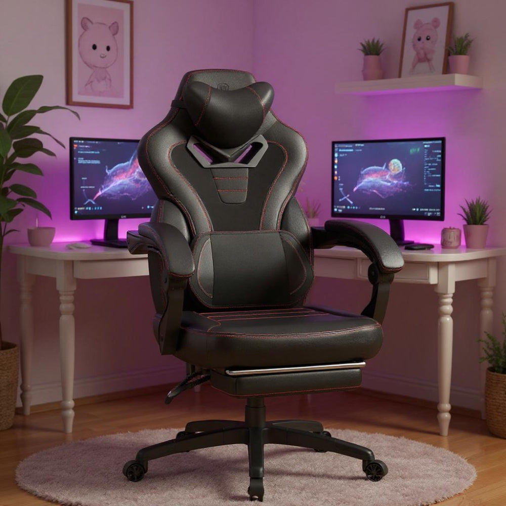 Chaise gaming noire grand format avec accoudoirs réglables dans un bureau moderne