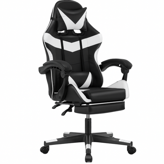 Chaise gaming noire avec coussin lombaire massant et repose-pieds escamotable