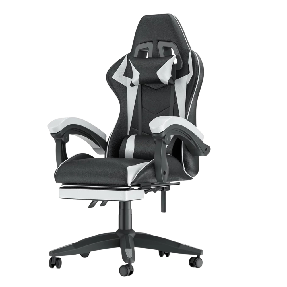 Chaise gaming noire vue de profil avec repose-pieds escamotable et roulettes