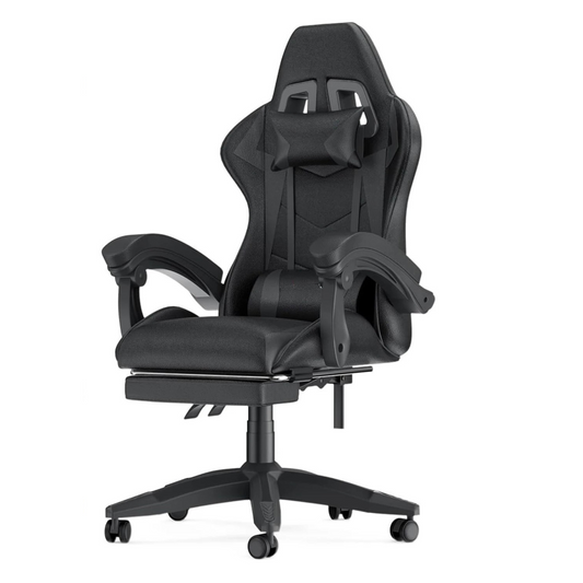 Chaise gaming noire avec repose-pieds escamotable et accoudoirs réglables