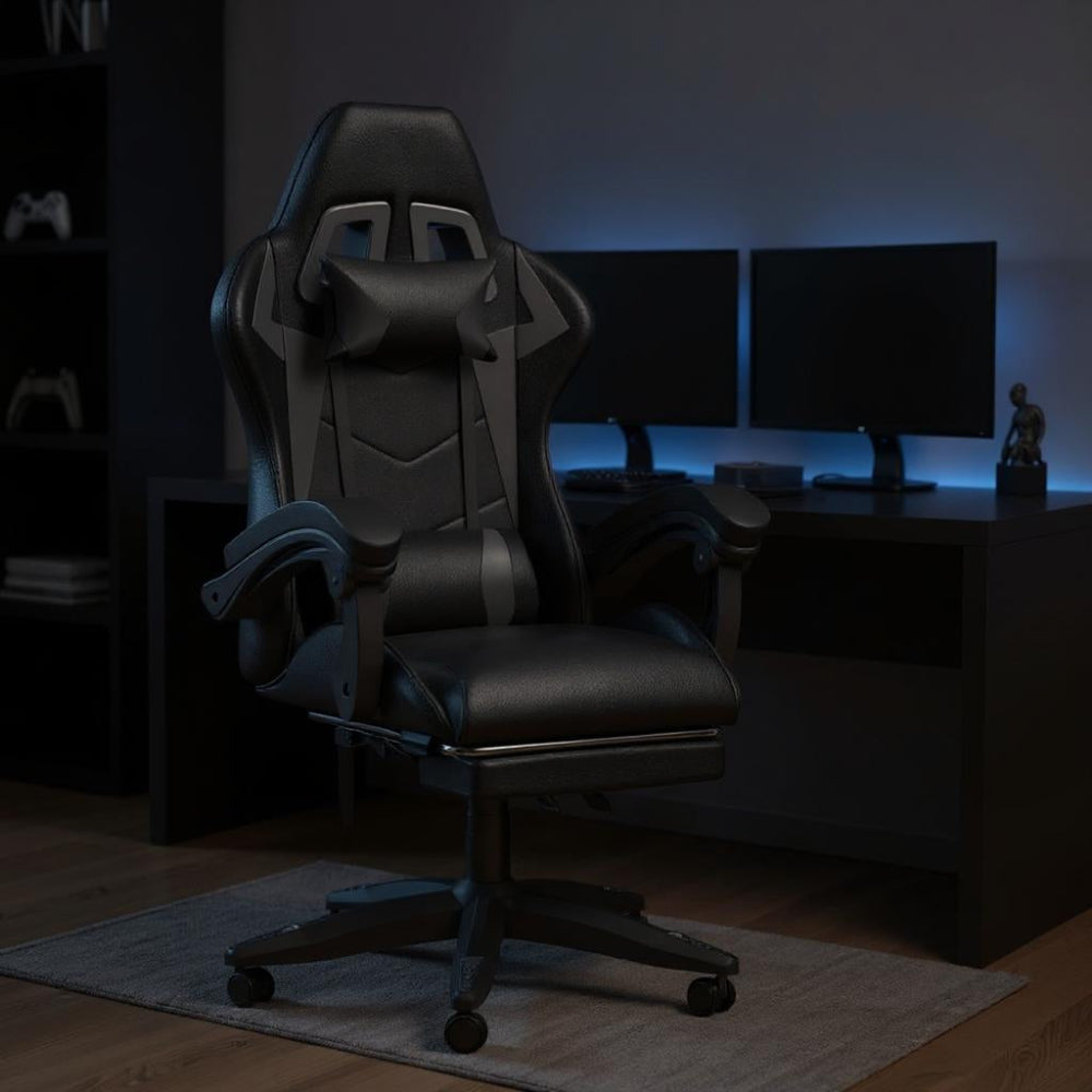 Chaise gaming noire avec dossier haut dans un bureau équipé d’éclairage bleu