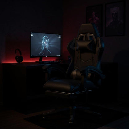 Chaise gaming noire avec repose-pieds intégré et accoudoirs réglables dans un bureau rouge