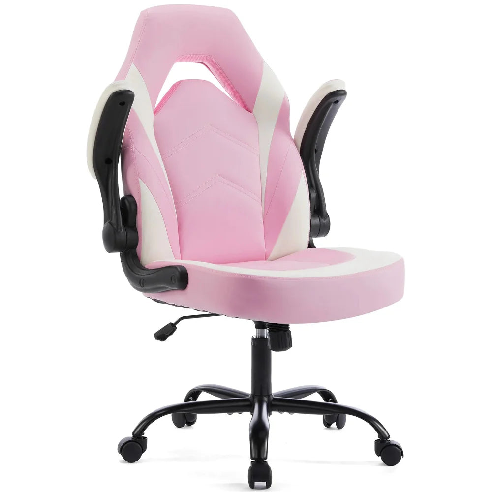 Chaise gaming rose en cuir PU avec dossier haut et accoudoirs rabattables