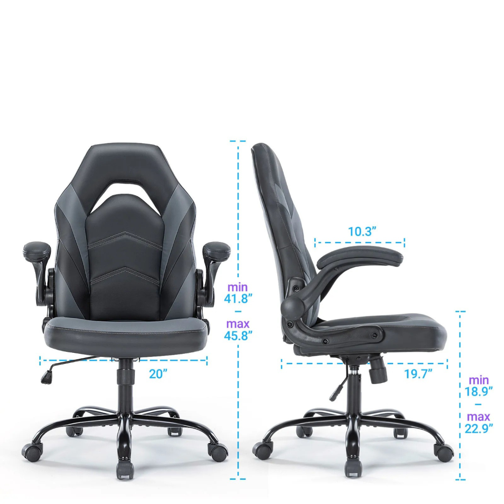 Schéma technique chaise gaming avec dimensions de l’assise et du dossier